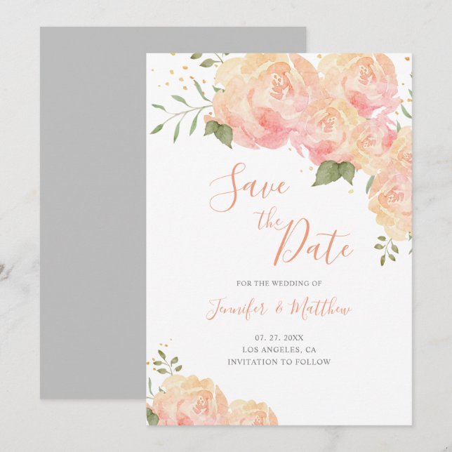 Peach Rose Floral Wedding Save the Date Card (Front/Back)