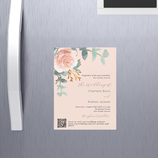 Peach rose gold floral QR RSVP luxury wedding Magnetic Invitation (Creator Uploaded)