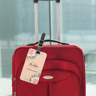 Peach rose gold florals monogram elegant luggage tag