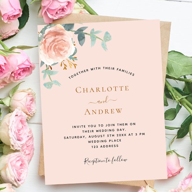 Peach rose gold greenery budget wedding invitation (Creator Uploaded)