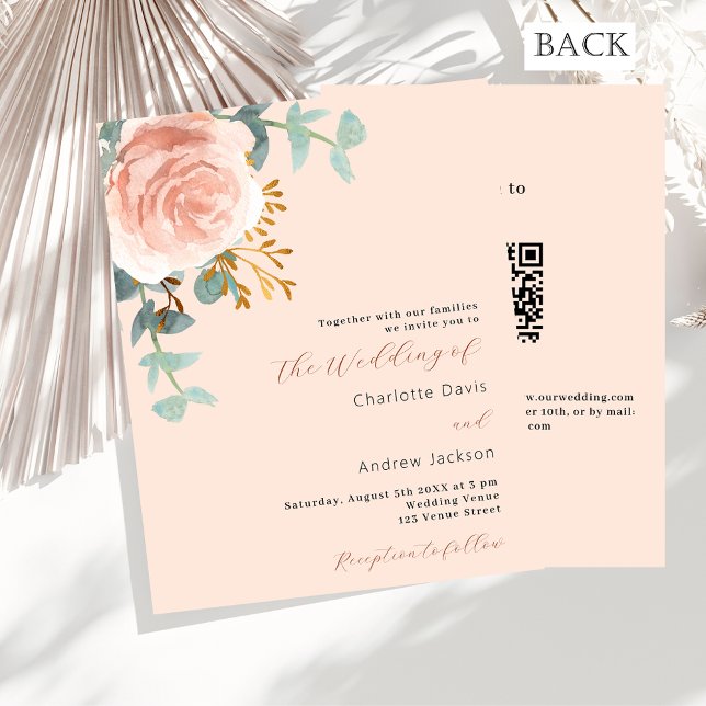 Peach rose gold QR RSVP budget wedding invitation (Creator Uploaded)