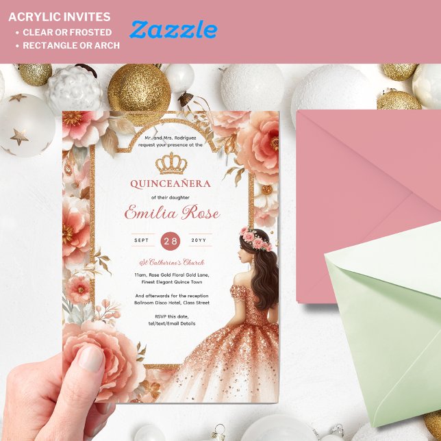 Peach Rose Gold Quinceañera Dress Floral Quince Acrylic Invitations (Creator Uploaded)