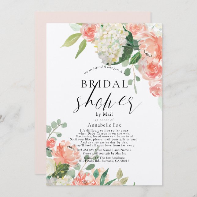 Peach Rose & Hydrangea Bridal Shower by Mail Invitation (Front/Back)