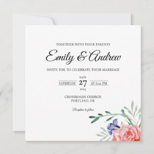 Peach Rose Leaf Floral Watercolor Square Wedding Invitation