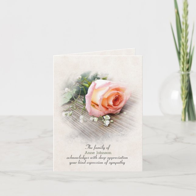 Peach Rose on Wood Sympathy Thank You Card (Front)