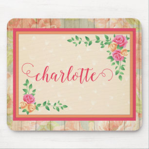 Peach Rose Pattern Country Fence Name Mouse Pad