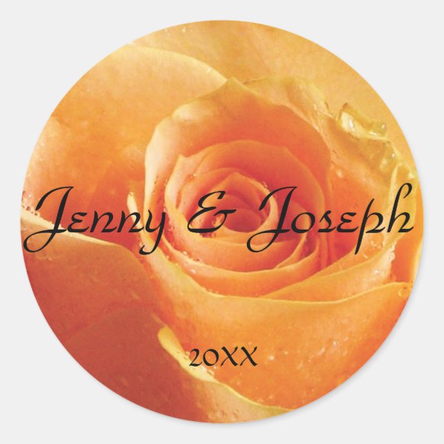 Peach Rose Personalised Round Wedding Sticker (Front)