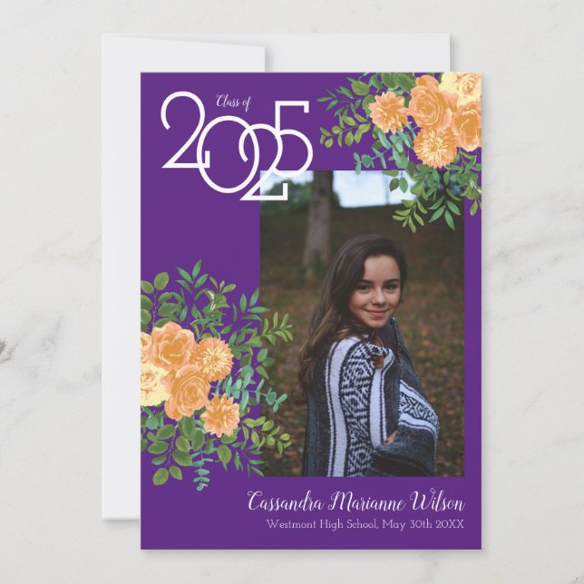 Peach Rose Purple Photo Graduation Announcement (Front)