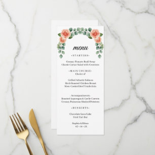 Peach Rose Watercolor Eucalyptus Arch Wedding Menu