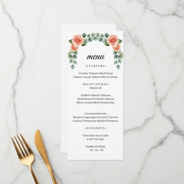 Peach Rose Watercolor Eucalyptus Arch Wedding Menu (Front/Back In Situ)