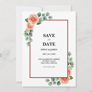Peach Rose Watercolor Eucalyptus Border Save the Date