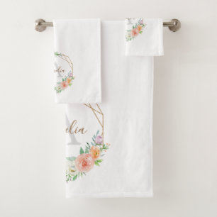 Peach Rose Watercolor Floral Monogram Bath Towel Set