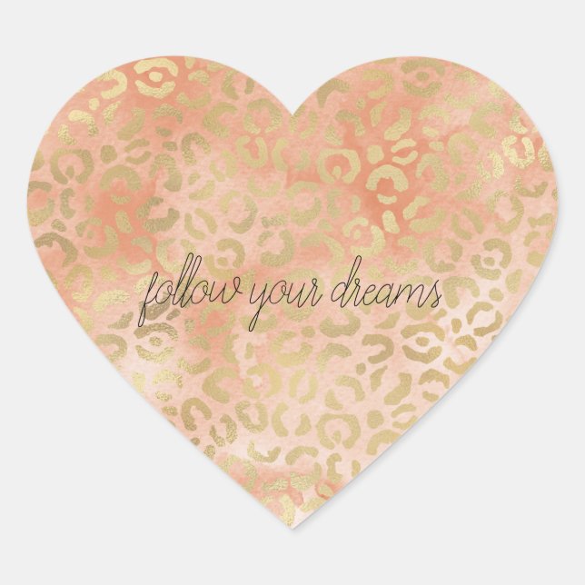 Peach Rose Watercolor Gold Leopard Print       Heart Sticker (Front)