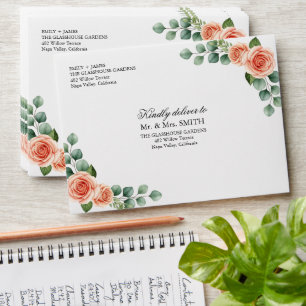 Peach Rose Watercolor Wedding Envelope with Guest 