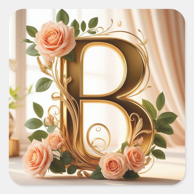 🌷 Peach Rose Wedding Initial Letter B Decor ✨ Square Sticker (Front)