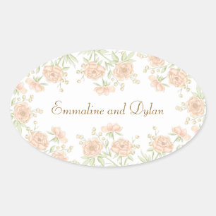 Peach Rose Wedding Oval Sticker
