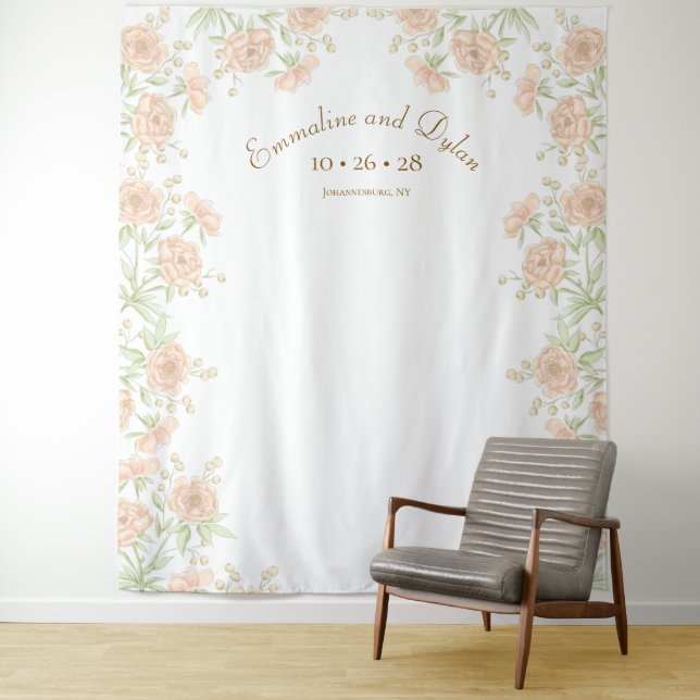 Peach Rose Wedding Photo Backdrop Tapestry (In Situ)