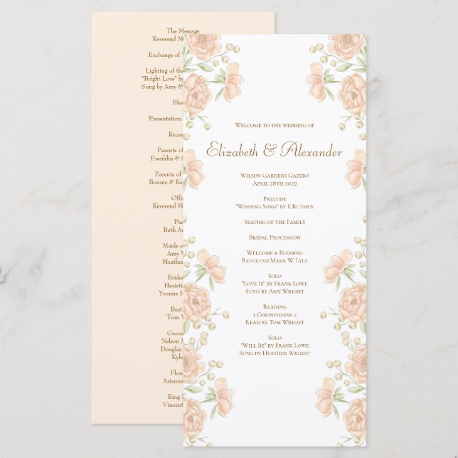 Peach Rose Wedding Programs Menu (Front/Back)