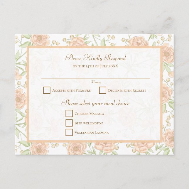 Peach Rose Wedding RSVP Holiday Postcard (Front)