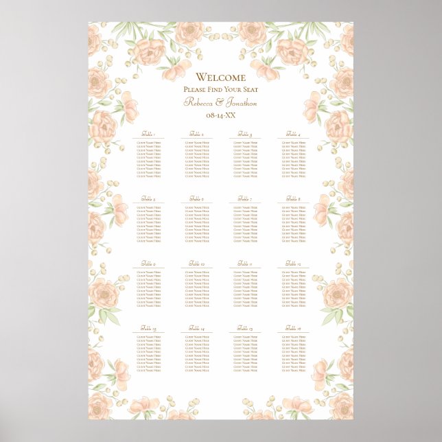 Peach Rose Wedding Seating Chart (Front)