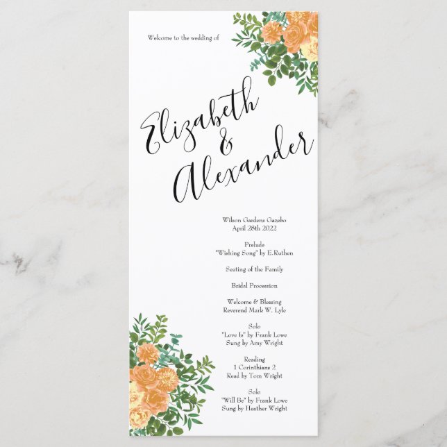 Peach Rose Wedding Vintage Menu (Front)