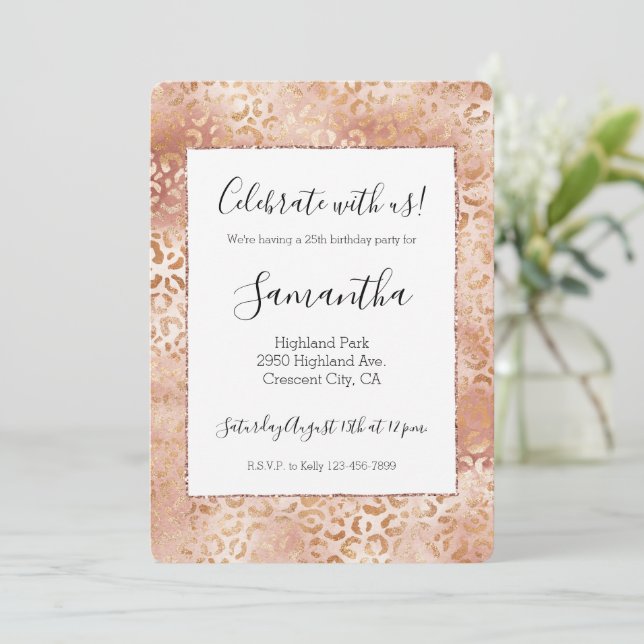 Peach Rose White Leopard Print  Invitation (Standing Front)