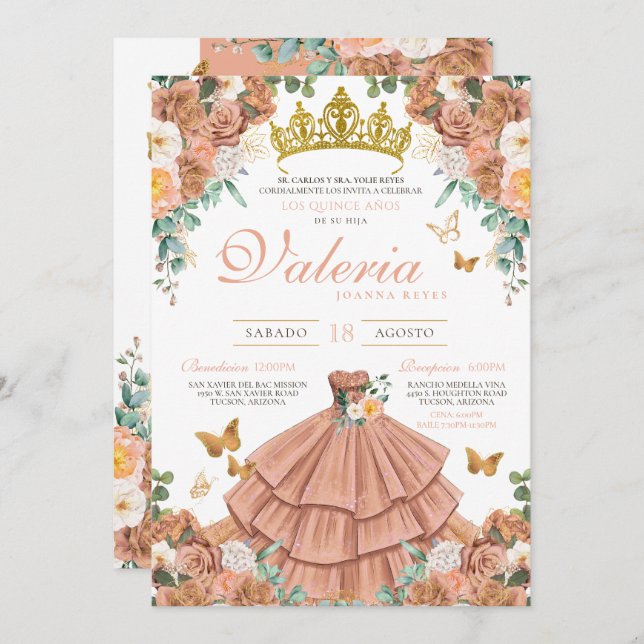 Peach Rosegold Blush Butterfly Quinceanera  Invitation (Front/Back)