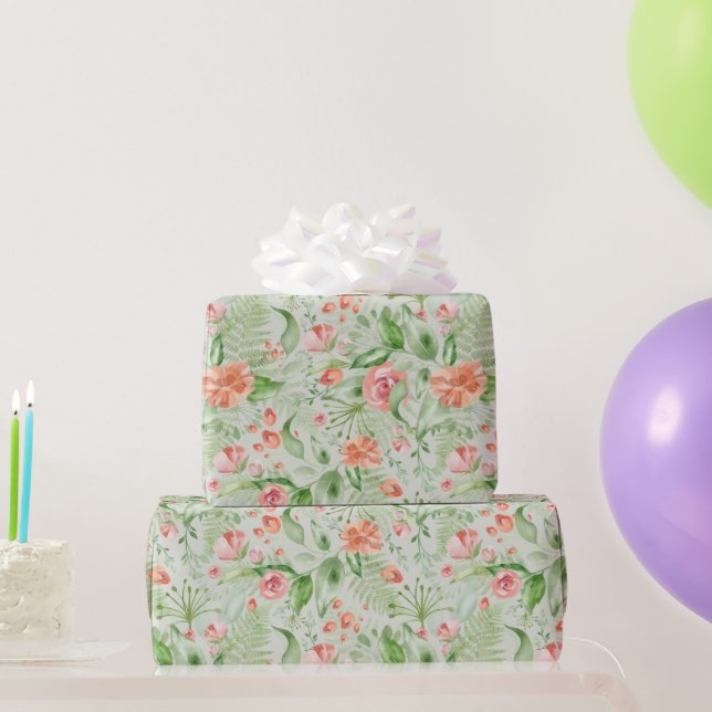 Peach Roses and Hibiscus on Green Wrapping Paper (Party Gifts)