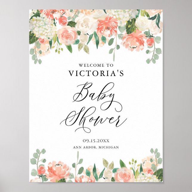 Peach Roses and Hydrangeas Baby Shower Welcome Poster (Front)