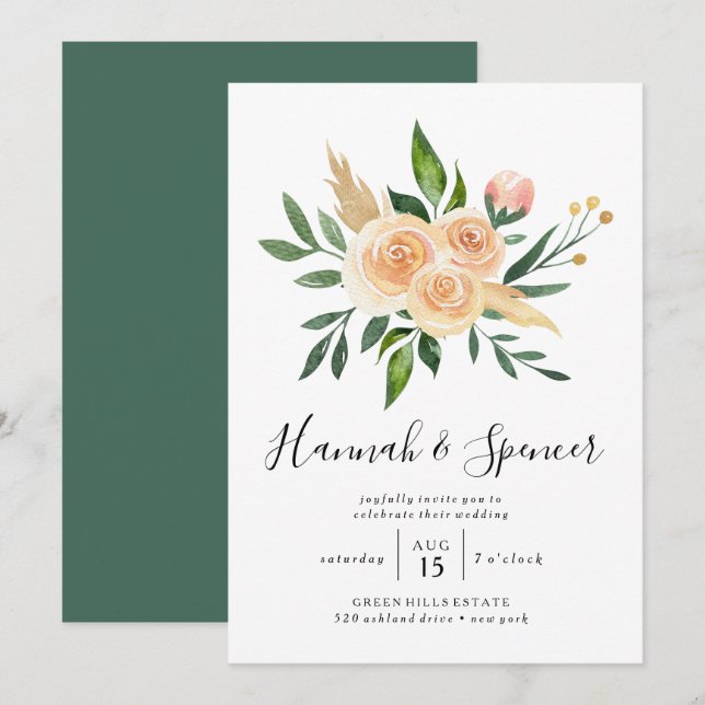 Peach Roses Bouquet Wedding Invitation (Front/Back)