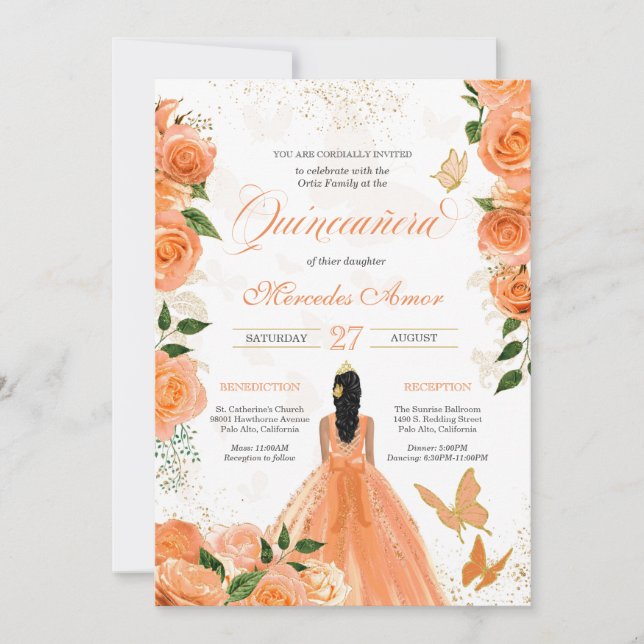 Peach Roses Butterflies Mariposa Quinceanera Invitation (Front)
