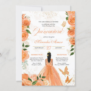 Peach Roses Butterflies Mariposa Quinceanera Invitation