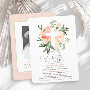 Peach Roses Cross Celebration of Life Funeral Invitation