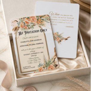 Peach Roses & Driftwood Formal Wedding Invitation