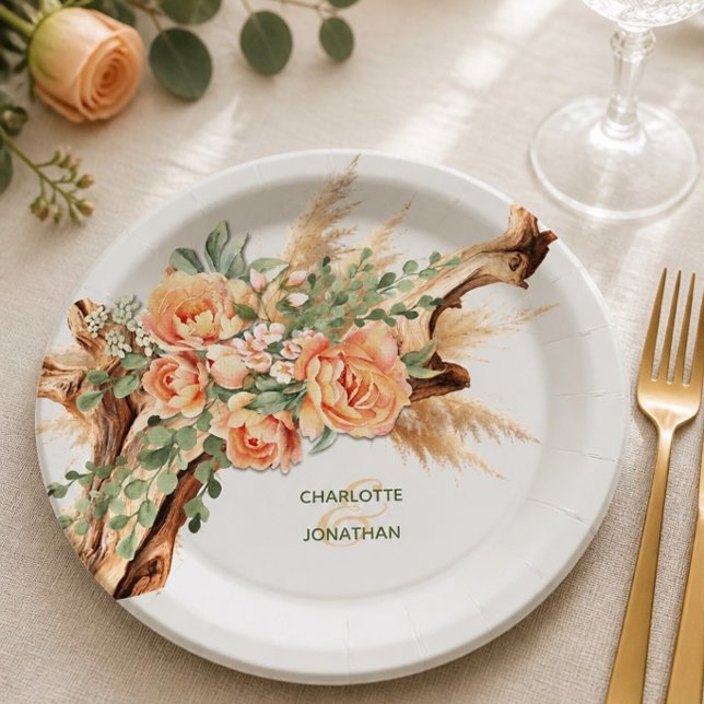 Peach Roses & Driftwood Wedding Paper Plate (Creator Uploaded)