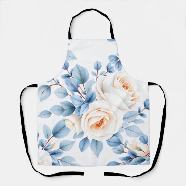 Peach Roses Dusty Blue Eucalyptus Pattern Apron (Front)