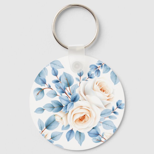 Peach Roses Dusty Blue Eucalyptus Pattern Key Ring (Front)