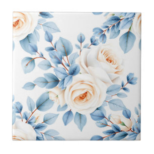 Peach Roses Dusty Blue Eucalyptus Pattern Tile
