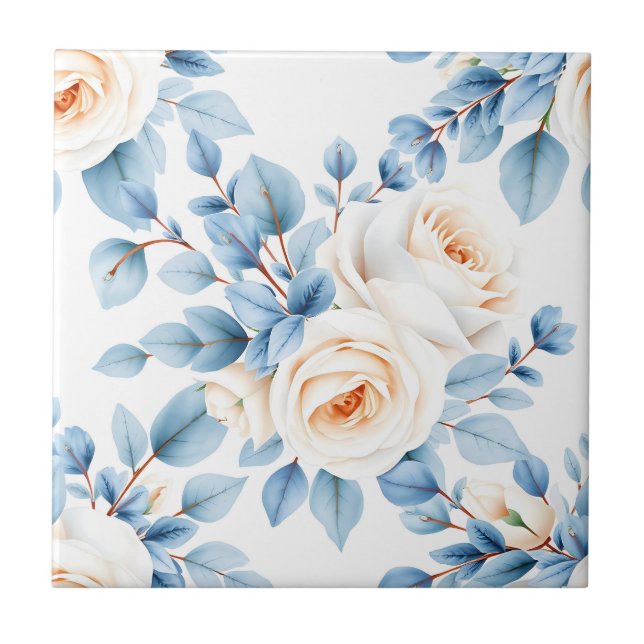 Peach Roses Dusty Blue Eucalyptus Pattern Tile (Front)