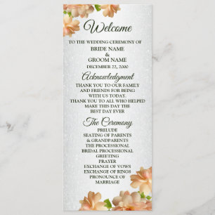 Peach Roses Floral Silver Glitter Elegant Wedding Programme