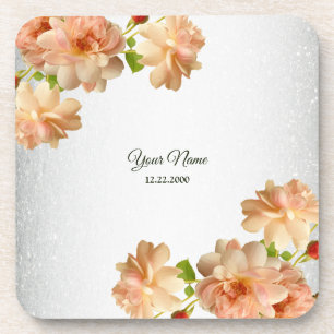 Peach Roses Floral Silver Glitter Wedding Party Coaster