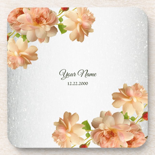 Peach Roses Floral Silver Glitter Wedding Party Coaster (Front)