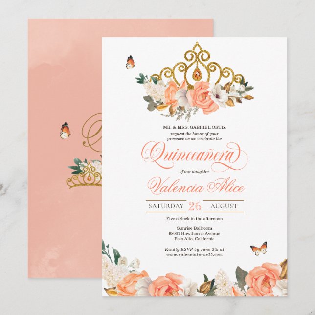 Peach Roses Gold Tiara Butterfly Elegant Quince Invitation (Front/Back)