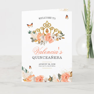 Peach Roses Gold Tiara Butterfly Quinceanera Programme