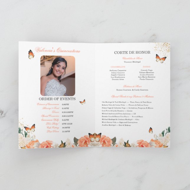Peach Roses Gold Tiara Butterfly Quinceanera Programme (Inside)