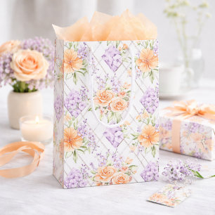 Peach Roses Lavender Cottagecore Floral Pattern Medium Gift Bag