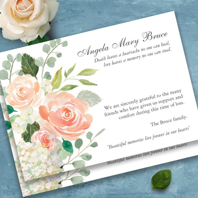 Peach Roses Memorial Funeral Thank You Card (Peach Roses watercolor floral sympathy bereavement funeral thank you card)