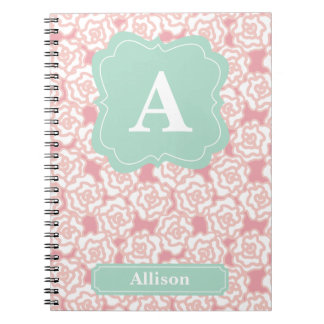 Peach Roses Mint Monogram Spiral Notebook