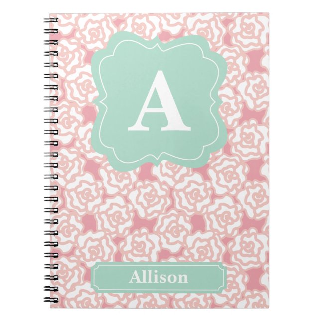 Peach Roses Mint Monogram Spiral Notebook (Front)