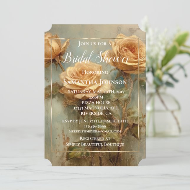 Peach Roses Romantic Floral Bridal Shower Invitation (Standing Front)